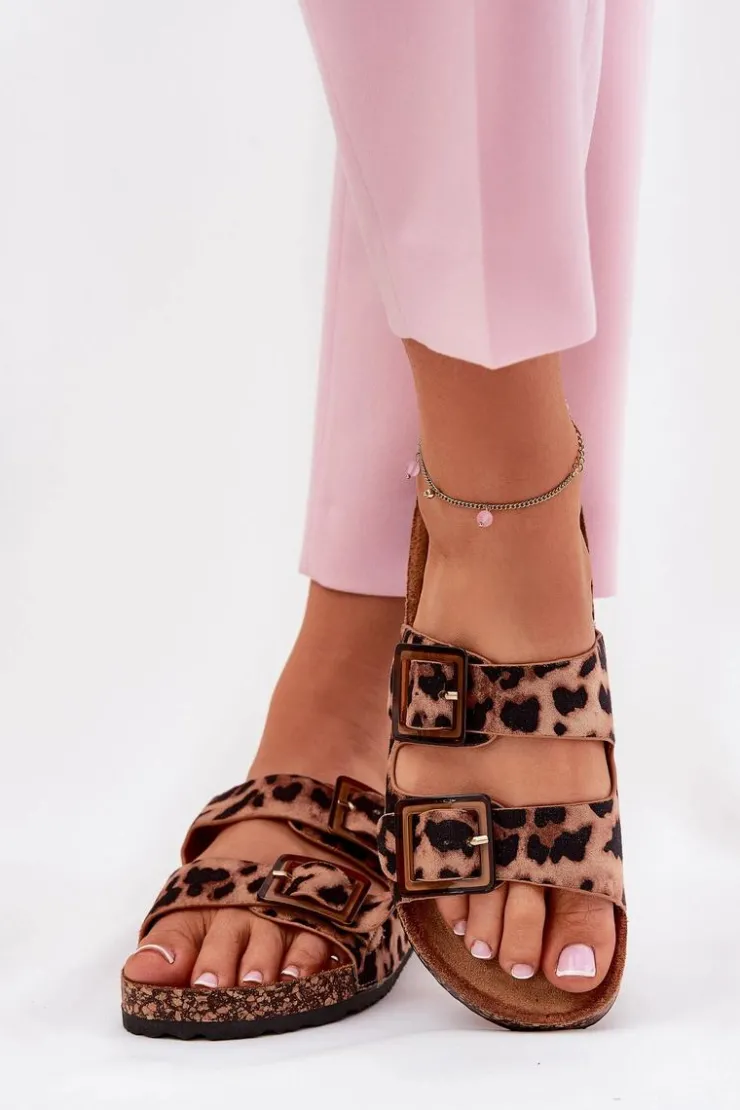 Damskie Boto Klapki Damskie Z Klamrami Na Korkowej Podeszwie Panterka Brązowe Sercele