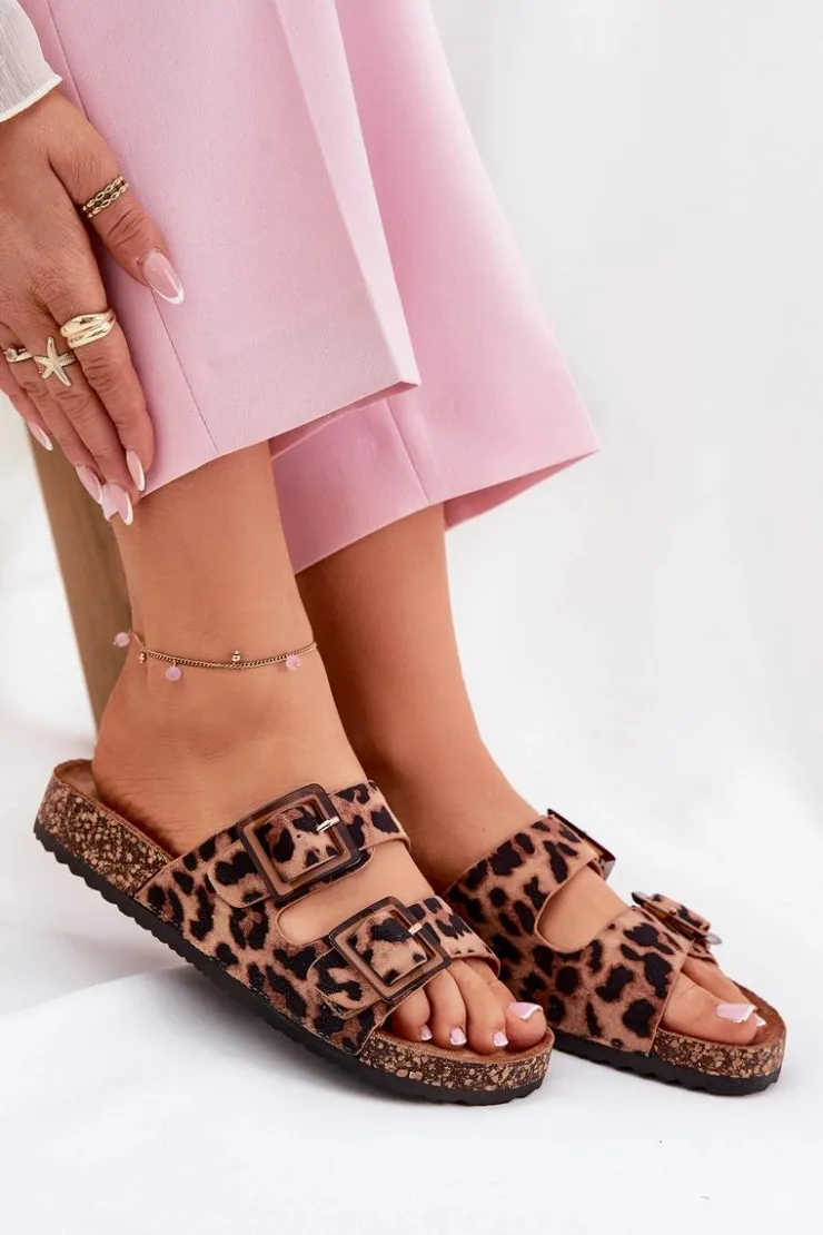 Damskie Boto Klapki Damskie Z Klamrami Na Korkowej Podeszwie Panterka Brązowe Sercele