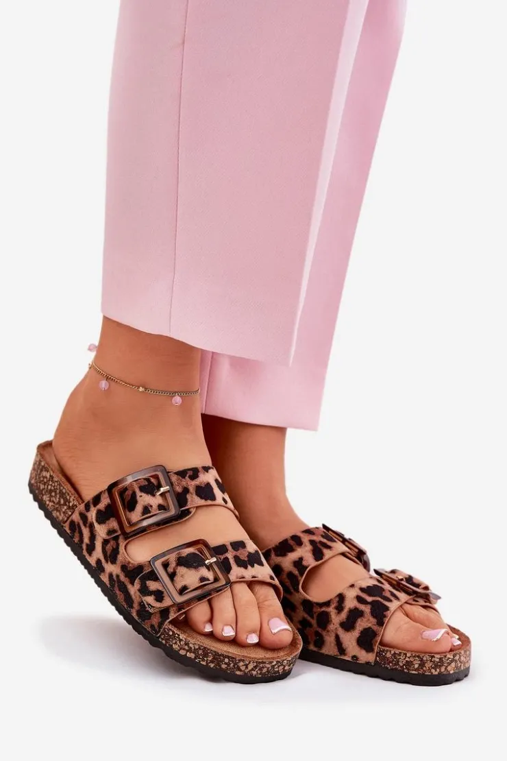 Damskie Boto Klapki Damskie Z Klamrami Na Korkowej Podeszwie Panterka Brązowe Sercele