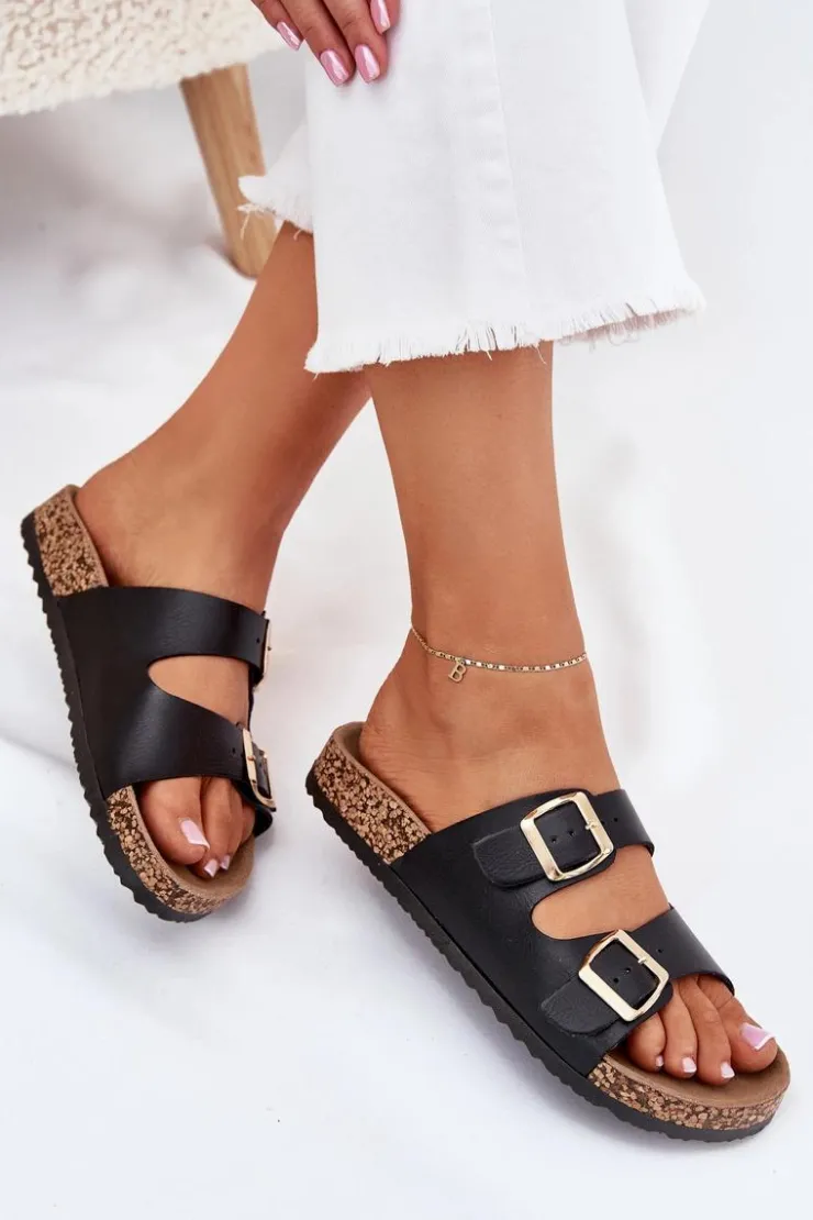 Evento Klapki Korkowe|Klapki Na Platformie*Klapki Damskie Z Klamrami Z Eko Skóry Czarne Iskira Czarny