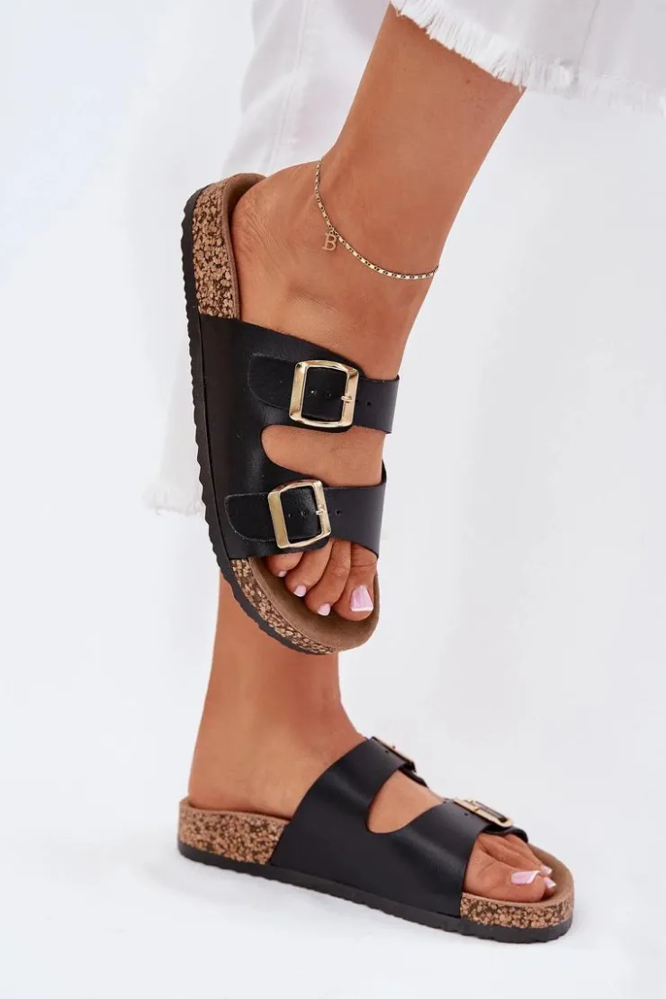 Evento Klapki Korkowe|Klapki Na Platformie*Klapki Damskie Z Klamrami Z Eko Skóry Czarne Iskira Czarny