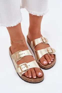 Damskie Evento Klapki Damskie Z Klamrami Z Eko Skóry Złote Iskira