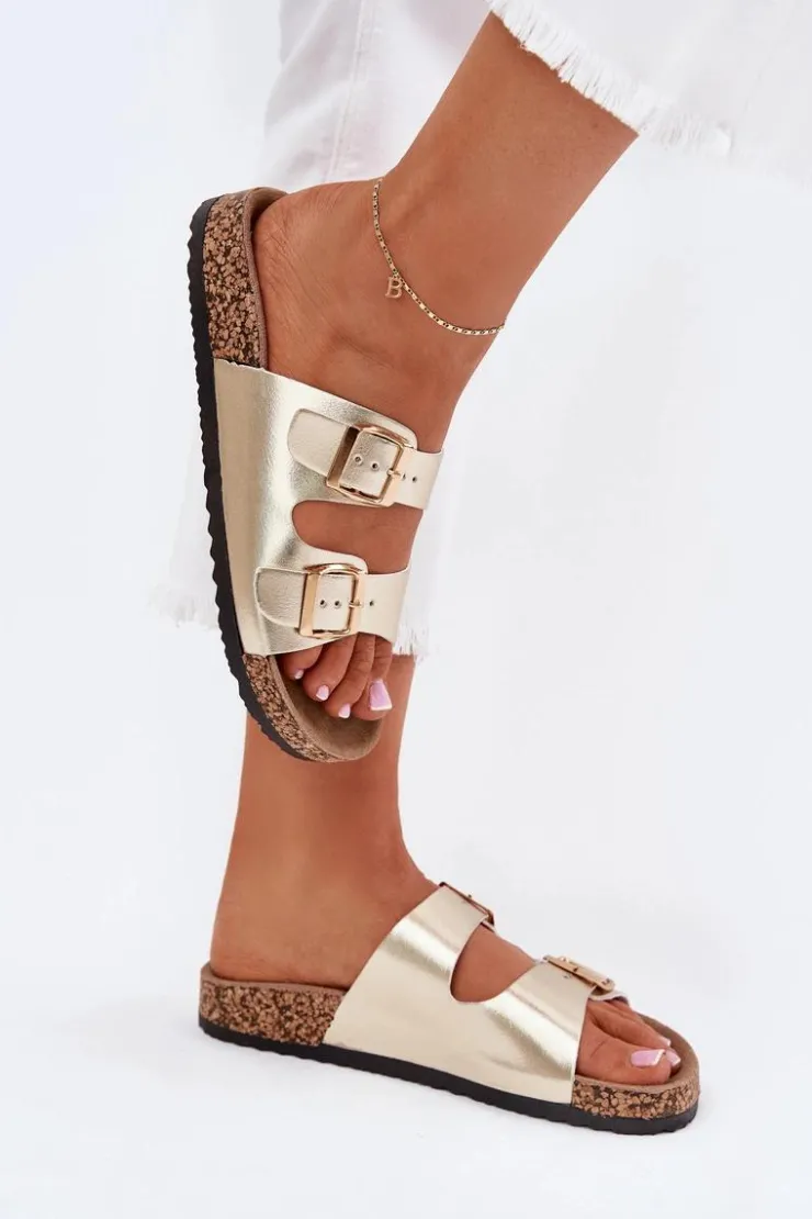 Damskie Evento Klapki Damskie Z Klamrami Z Eko Skóry Złote Iskira