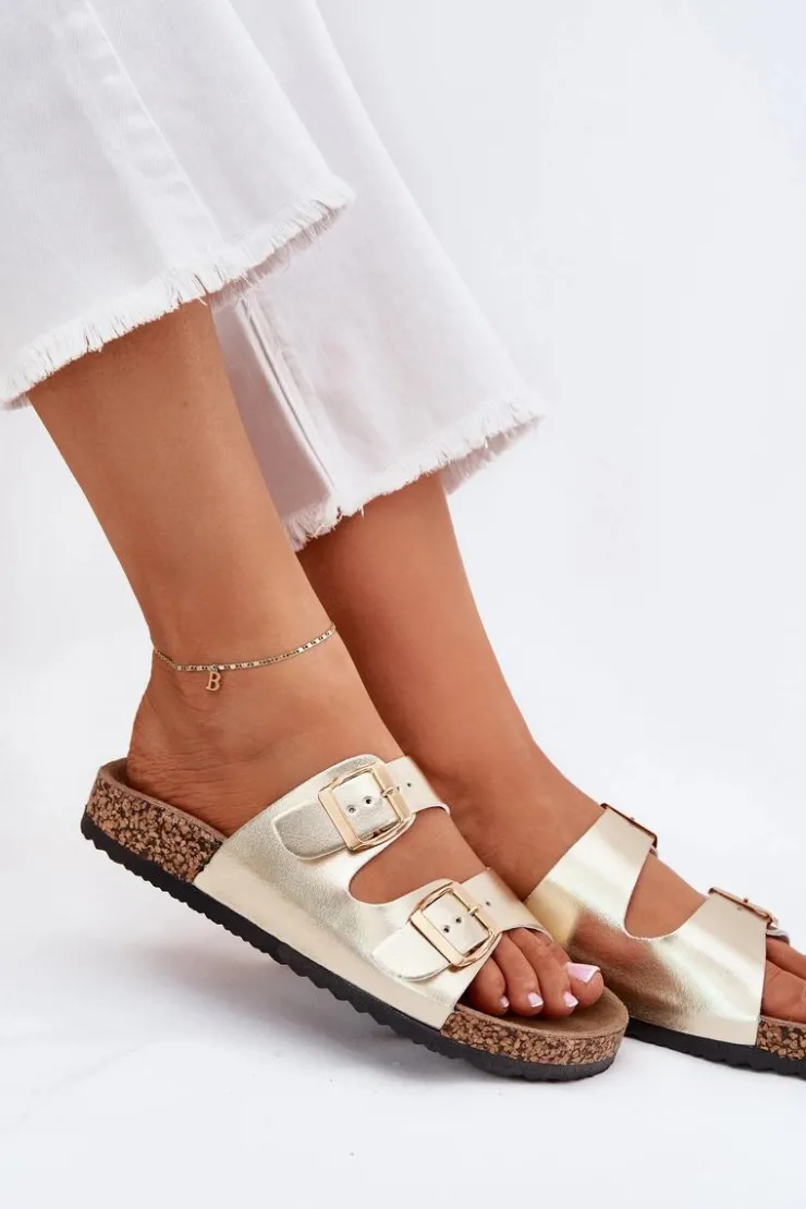 Damskie Evento Klapki Damskie Z Klamrami Z Eko Skóry Złote Iskira