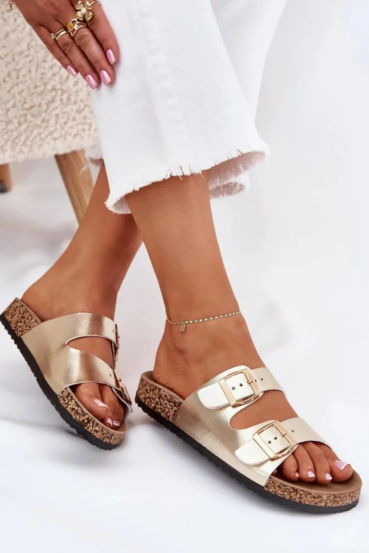 Damskie Evento Klapki Damskie Z Klamrami Z Eko Skóry Złote Iskira