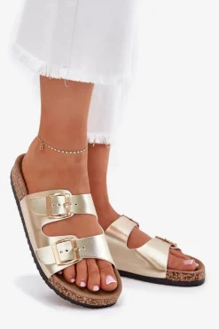 Damskie Evento Klapki Damskie Z Klamrami Z Eko Skóry Złote Iskira