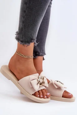 Damskie Boto Klapki Damskie Z Kokardą Beżowe Arsicada