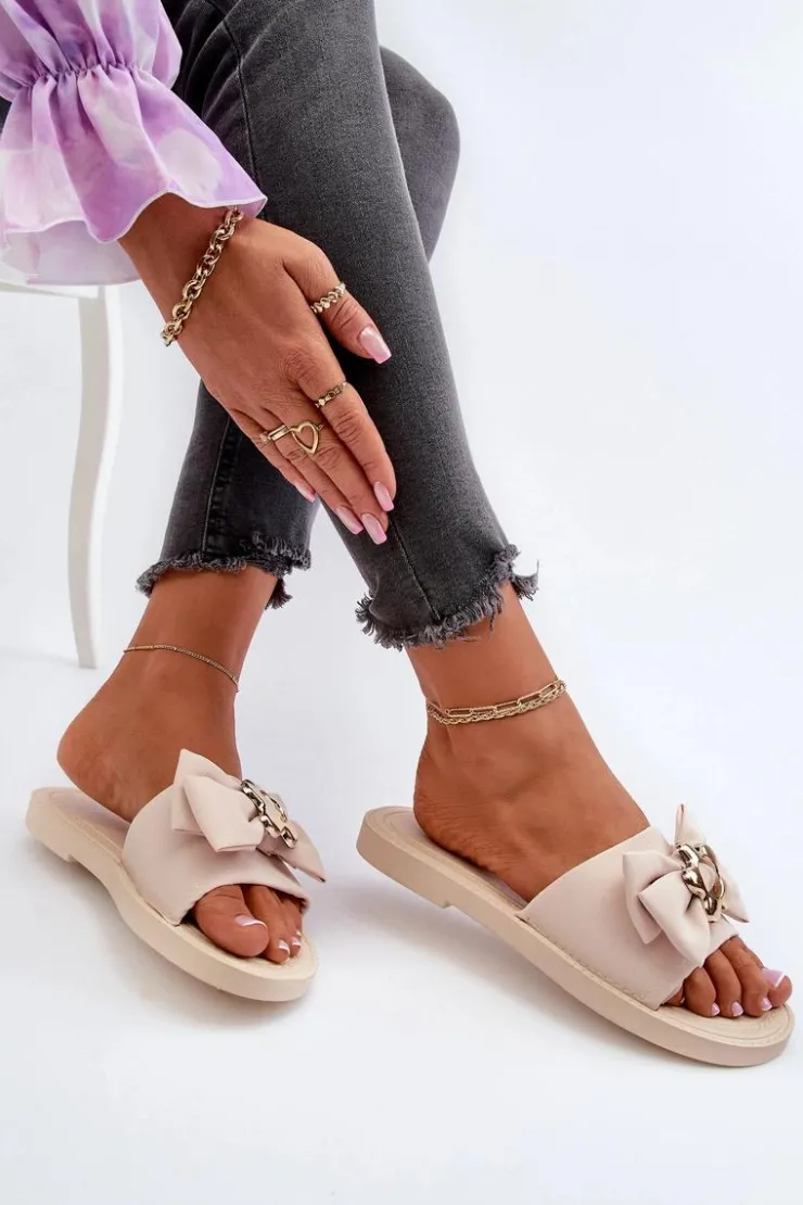 Damskie Boto Klapki Damskie Z Kokardą Beżowe Arsicada