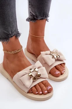 Damskie Boto Klapki Damskie Z Kokardą Beżowe Arsicada