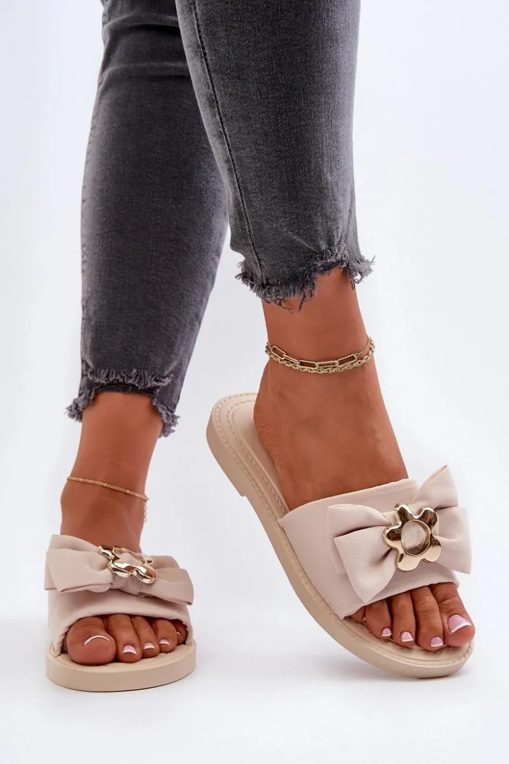 Damskie Boto Klapki Damskie Z Kokardą Beżowe Arsicada