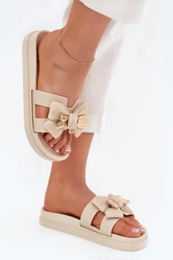 Boto Klapki Na Platformie|Klapki Damskie Klasyczne*Klapki Damskie Z Kokardą I Złotą Broszką Jasnobeżowe Lynara