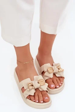 Boto Klapki Na Platformie|Klapki Damskie Klasyczne*Klapki Damskie Z Kokardą I Złotą Broszką Jasnobeżowe Lynara