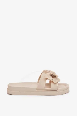 Boto Klapki Na Platformie|Klapki Damskie Klasyczne*Klapki Damskie Z Kokardą I Złotą Broszką Jasnobeżowe Lynara