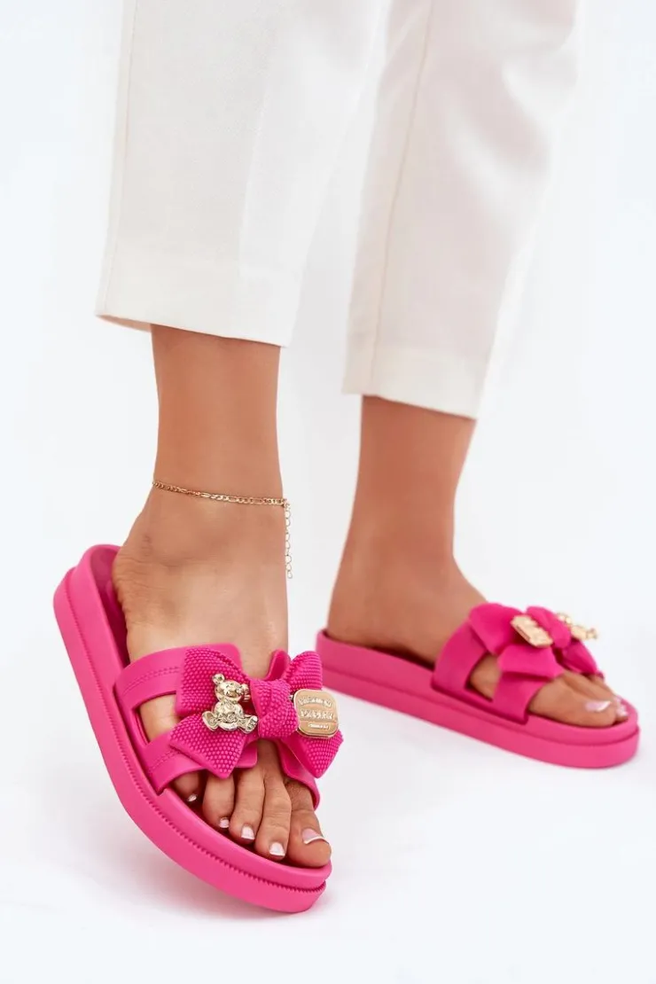 Clearance Boto Klapki Damskie Z Kokardą I Złotą Broszką Fuksja Lynara