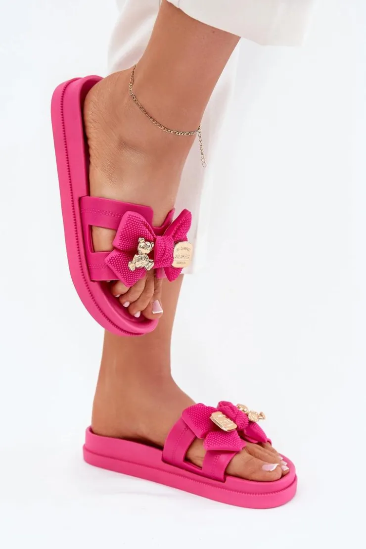 Clearance Boto Klapki Damskie Z Kokardą I Złotą Broszką Fuksja Lynara