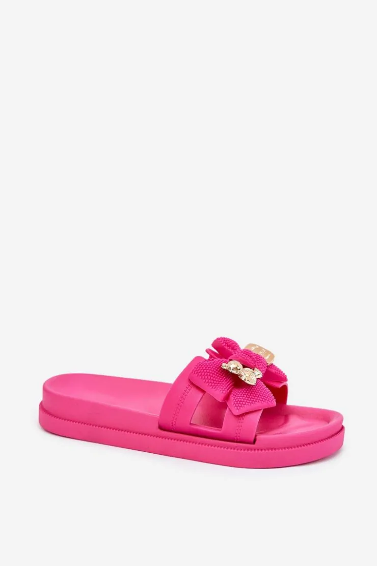 Clearance Boto Klapki Damskie Z Kokardą I Złotą Broszką Fuksja Lynara