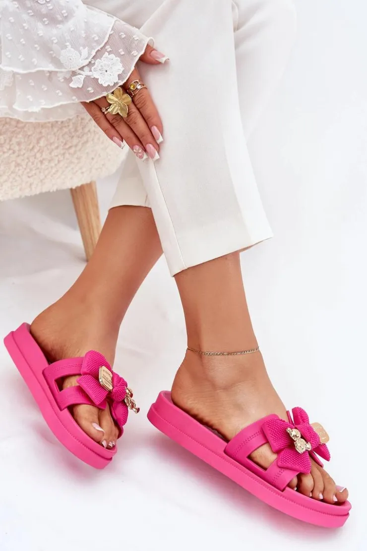 Clearance Boto Klapki Damskie Z Kokardą I Złotą Broszką Fuksja Lynara