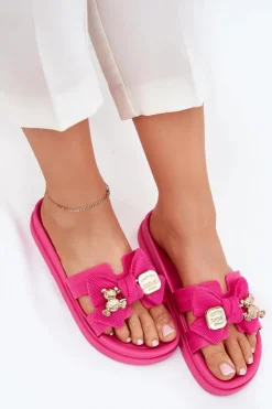 Clearance Boto Klapki Damskie Z Kokardą I Złotą Broszką Fuksja Lynara