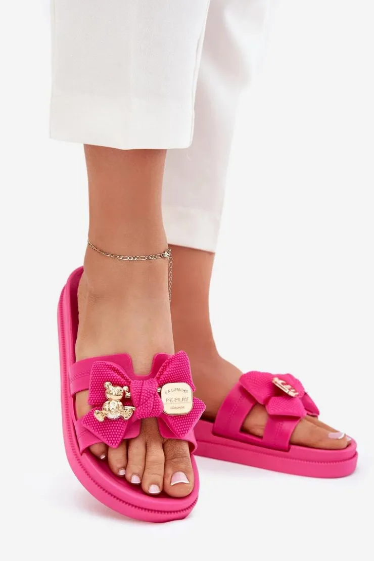 Clearance Boto Klapki Damskie Z Kokardą I Złotą Broszką Fuksja Lynara