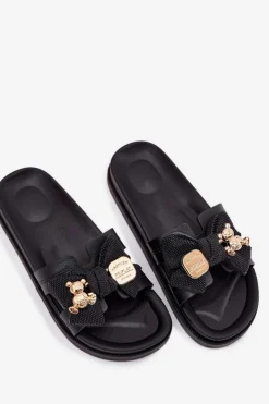 Online Boto Klapki Damskie Z Kokardą I Złotą Broszką Czarne Lynara Czarny