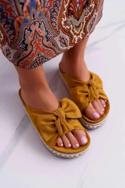 Damskie Boto Klapki Damskie Z Kokardami Gruba Podeszwa Żółte Milady