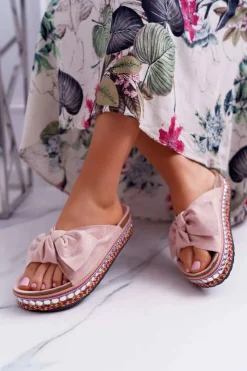 Damskie Boto Klapki Damskie Z Kokardami Gruba Podeszwa Różowe Milady