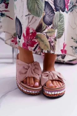 Damskie Boto Klapki Damskie Z Kokardami Gruba Podeszwa Różowe Milady