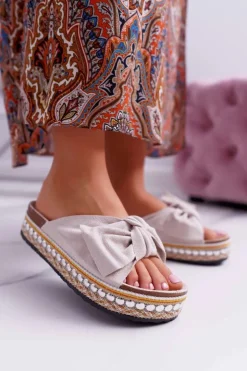 Hot Boto Klapki Damskie Z Kokardami Gruba Podeszwa Beżowe Milady