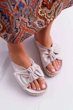 Hot Boto Klapki Damskie Z Kokardami Gruba Podeszwa Beżowe Milady