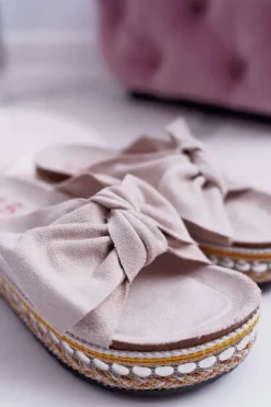 Hot Boto Klapki Damskie Z Kokardami Gruba Podeszwa Beżowe Milady