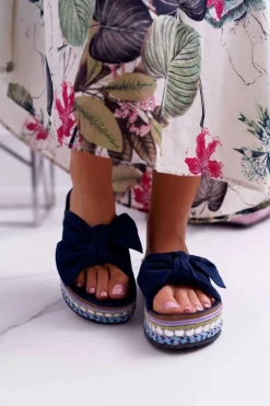 Boto Klapki Damskie Klasyczne*Klapki Damskie Z Kokardami Gruba Podeszwa Granatowe Milady