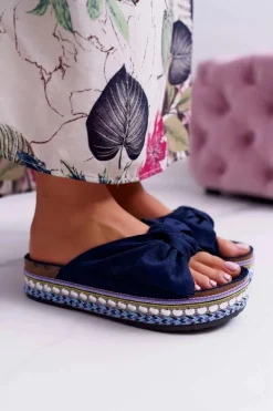 Boto Klapki Damskie Klasyczne*Klapki Damskie Z Kokardami Gruba Podeszwa Granatowe Milady