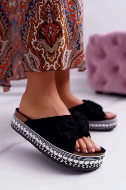 Boto Klapki Damskie Klasyczne*Klapki Damskie Z Kokardami Gruba Podeszwa Czarne Milady