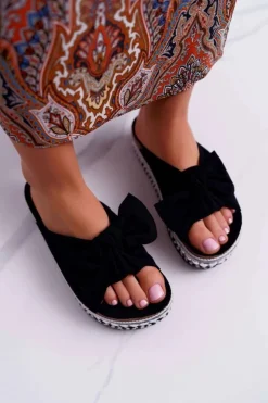 Boto Klapki Damskie Klasyczne*Klapki Damskie Z Kokardami Gruba Podeszwa Czarne Milady