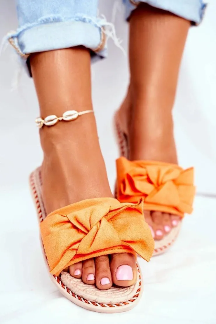 Online Boto Klapki Damskie Z Kokardką Pomarańczowy Neon Happiness