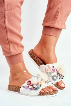 Damskie Boto Klapki Damskie Z Kwiatami Białe Enrissa