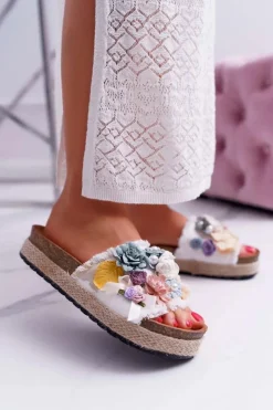 Hot Boto Klapki Damskie Z Kwiatami Gruba Podeszwa Białe Amadeo