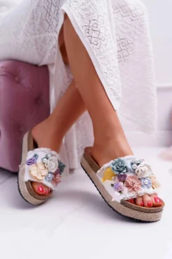 Hot Boto Klapki Damskie Z Kwiatami Gruba Podeszwa Białe Amadeo