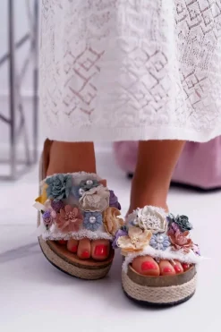 Hot Boto Klapki Damskie Z Kwiatami Gruba Podeszwa Białe Amadeo