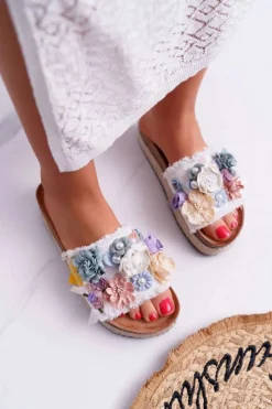 Hot Boto Klapki Damskie Z Kwiatami Gruba Podeszwa Białe Amadeo