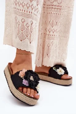 Damskie Boto Klapki Damskie Z Kwiatami Platforma Z Plecionką Czarne Zenvanis