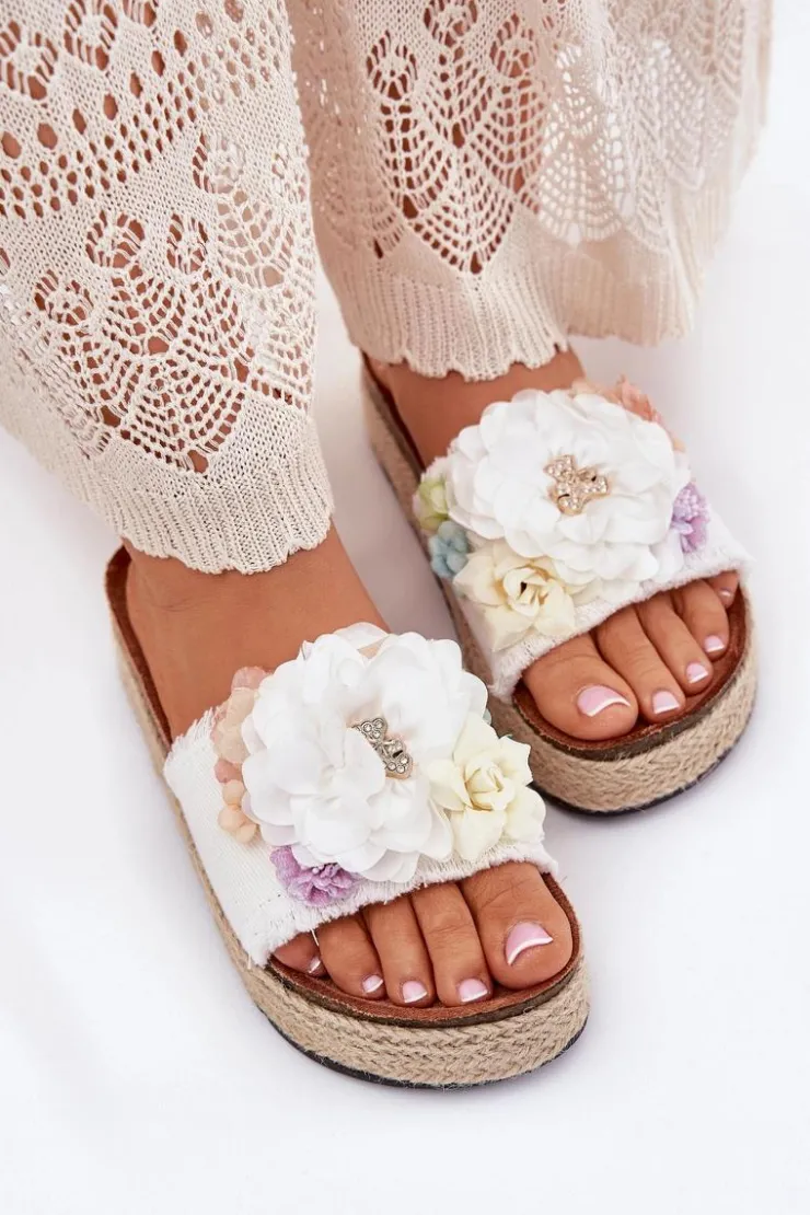 Best Boto Klapki Damskie Z Kwiatami Platforma Z Plecionką Białe Zenvanis Biały