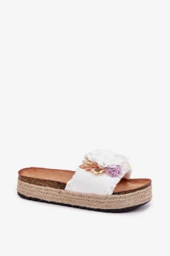 Best Boto Klapki Damskie Z Kwiatami Platforma Z Plecionką Białe Zenvanis Biały