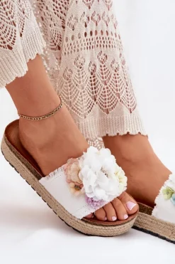 Best Boto Klapki Damskie Z Kwiatami Platforma Z Plecionką Białe Zenvanis Biały