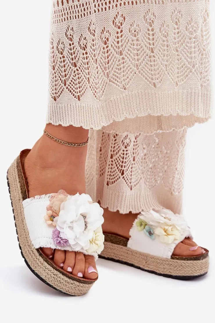 Best Boto Klapki Damskie Z Kwiatami Platforma Z Plecionką Białe Zenvanis Biały