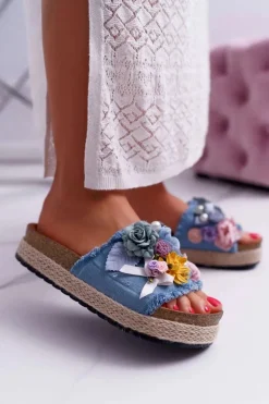 Boto Klapki Damskie Klasyczne*Klapki Damskie Z Kwiatami Gruba Podeszwa Niebieskie Amadeo