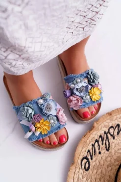 Boto Klapki Damskie Klasyczne*Klapki Damskie Z Kwiatami Gruba Podeszwa Niebieskie Amadeo