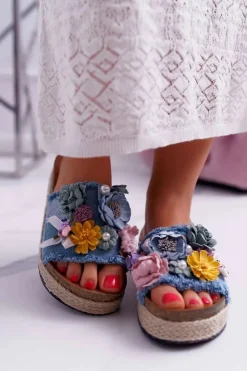 Boto Klapki Damskie Klasyczne*Klapki Damskie Z Kwiatami Gruba Podeszwa Niebieskie Amadeo