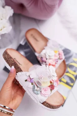 Damskie Boto Klapki Damskie Z Kwiatami Białe Enrissa