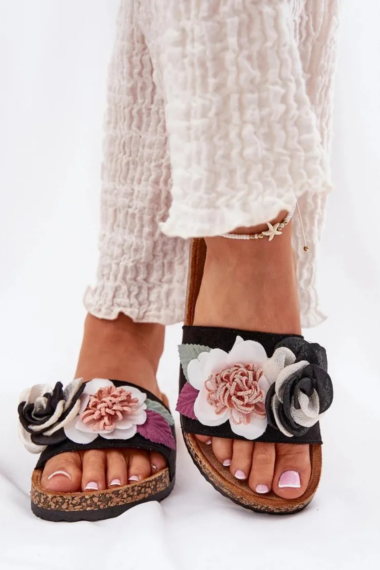 Damskie Boto Klapki Damskie Z Kwiatkami Na Korkowej Platformie Czarne Zinrosa